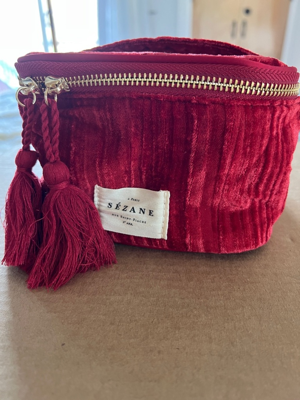 Sezane Red Velvet Tassel Cosmetic Pouch